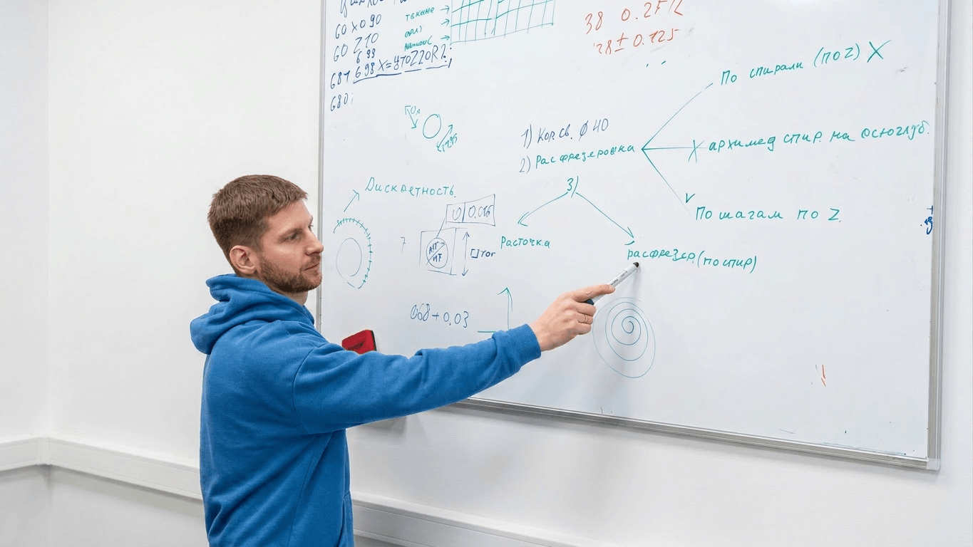 Преподаватель объясняет чертёж у доски